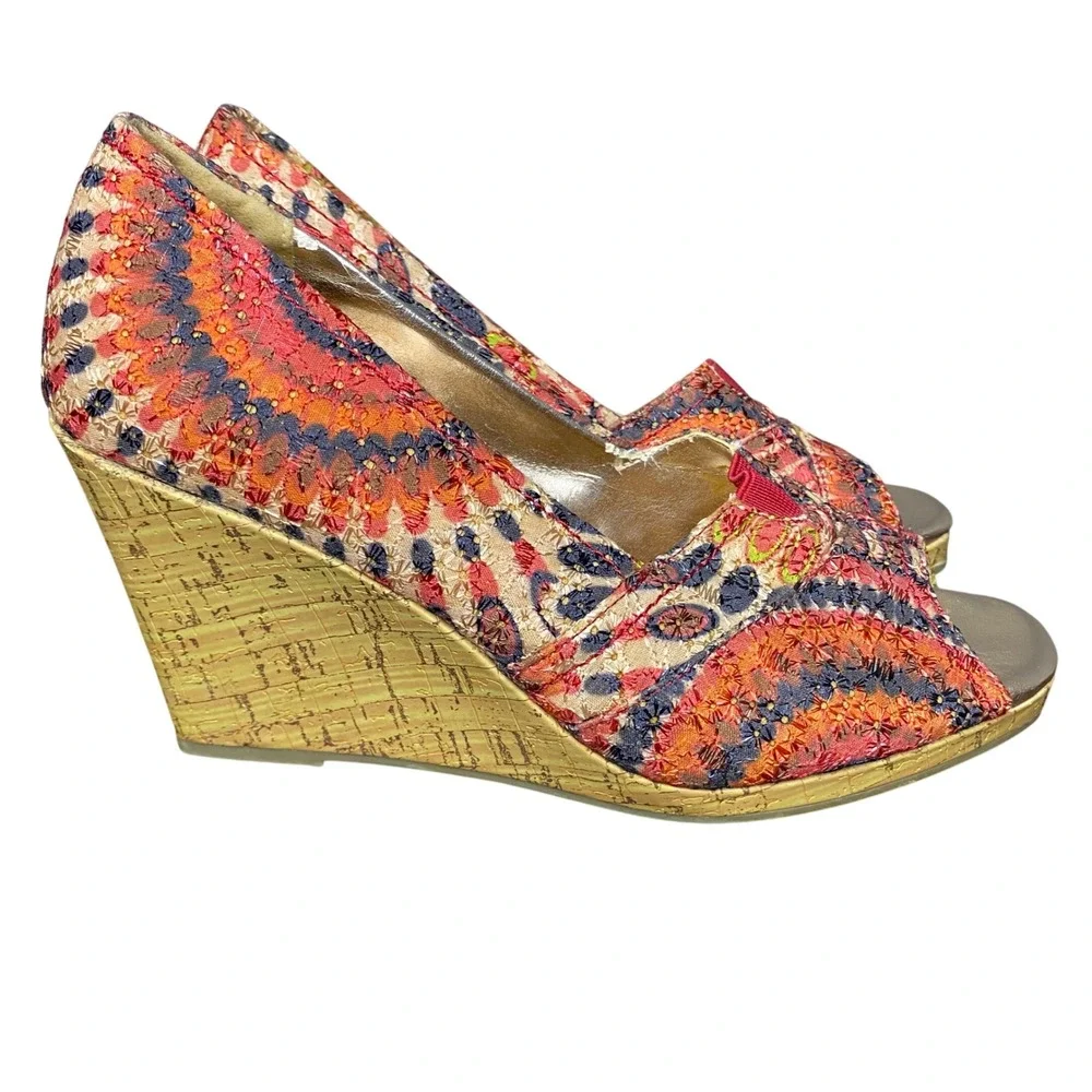 Faded Glory Women Boho Embroidered Peep Toe Cork Wedge Heels‎ Multicolor Size 8